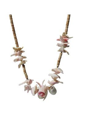 Vintage Hawaiian Shell Necklace Wood Beads Beach Core Seashell Fashion Jewelry